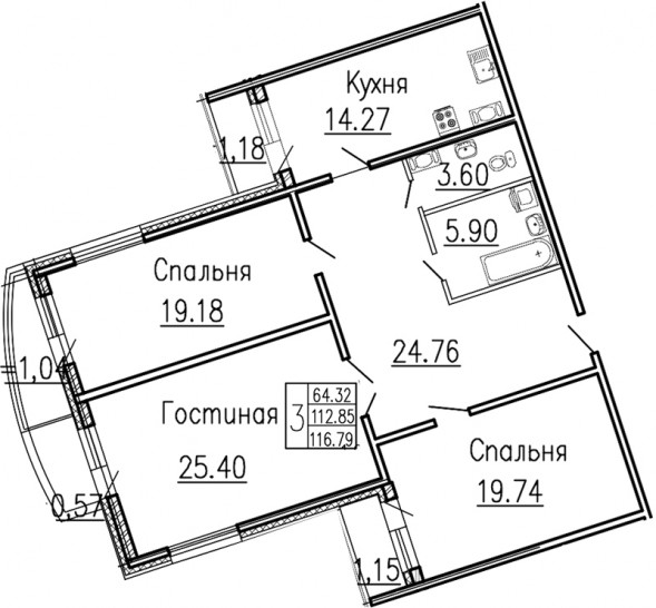 Трёхкомнатная квартира 118.1 м²