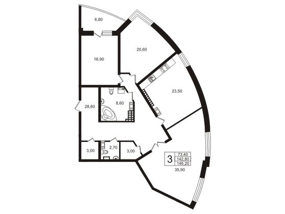 Трёхкомнатная квартира 146.2 м²