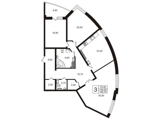 Трёхкомнатная квартира 145.7 м²