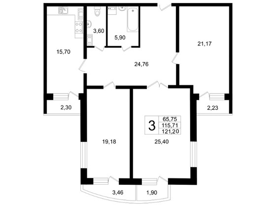 Трёхкомнатная квартира 121.2 м²
