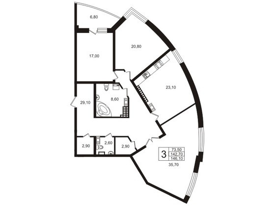 Трёхкомнатная квартира 146.1 м²