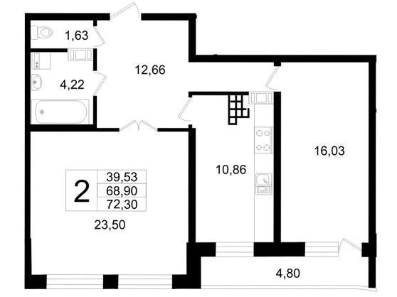 Двухкомнатная квартира 72.3 м²